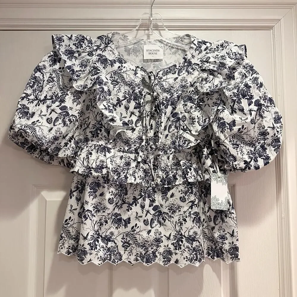 Hyacinth House Nadia Blouse Blue Floral Tuckernuck Puff Sleeve LARGE Top NWT - Picture 4 of 14